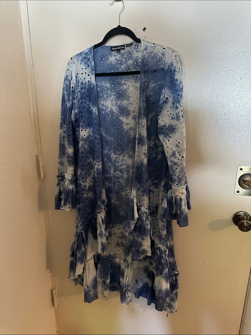 Tolani Collection Blue White Tie-Dye Fringe Kimono V-Neck 3/4 Sleeve XS